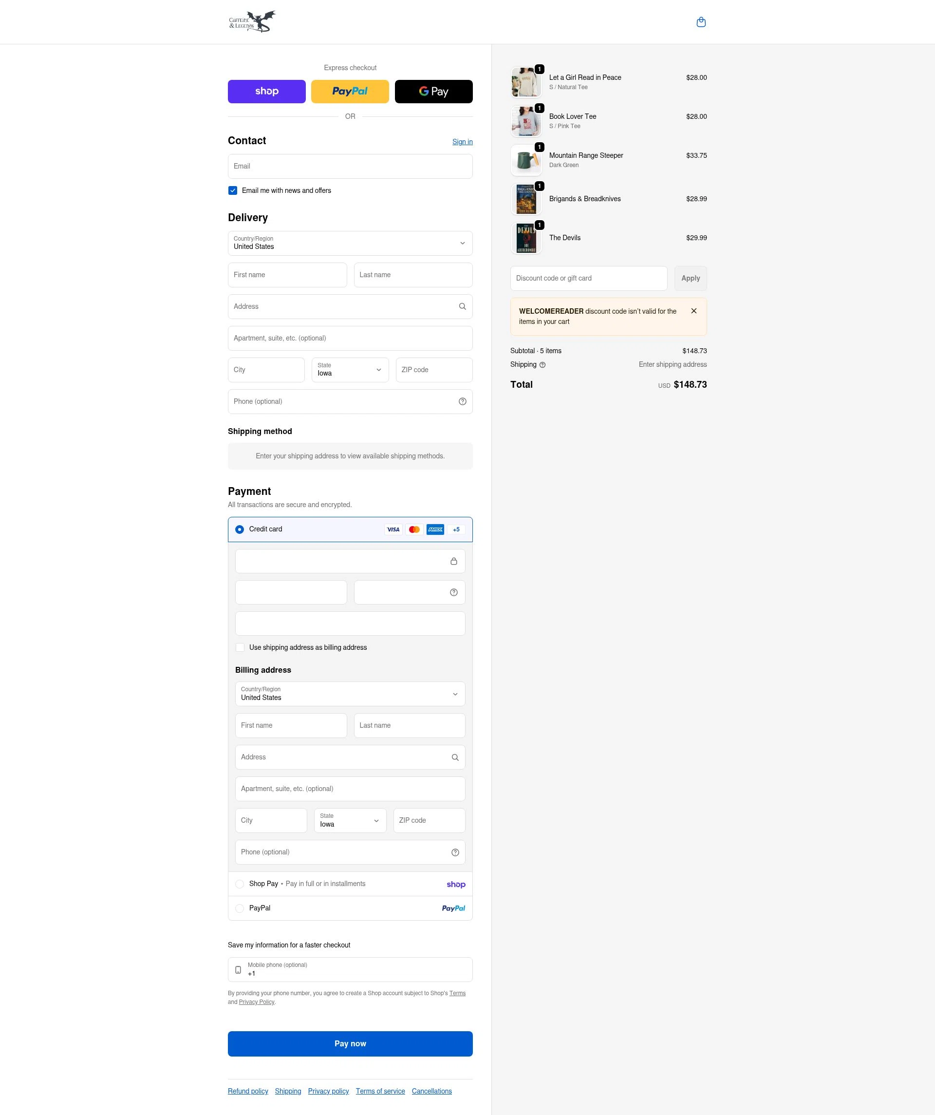 Caffeine and Legends checkout page showing Caffeine and Legends discount code box | Screenshot taken by SimplyCodes community member on Feb 11, 2026