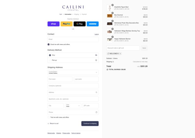 Cailini Coastal checkout page showing Cailini Coastal promo code box | Screenshot taken by SimplyCodes community member on Sep 7, 2025