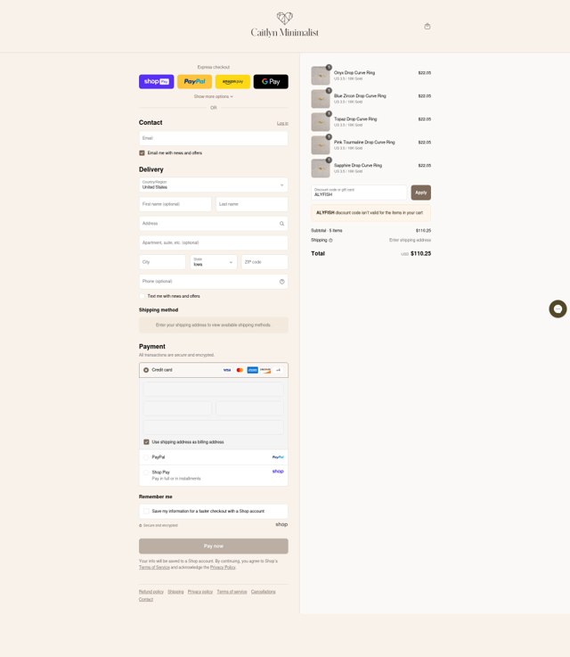 Caitlyn Minimalist checkout page showing Caitlyn Minimalist discount code box | Screenshot taken by SimplyCodes community member on Aug 28, 2025