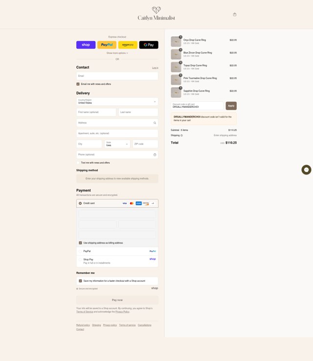 Caitlyn Minimalist checkout page showing Caitlyn Minimalist discount code box | Screenshot taken by SimplyCodes community member on Sep 1, 2025