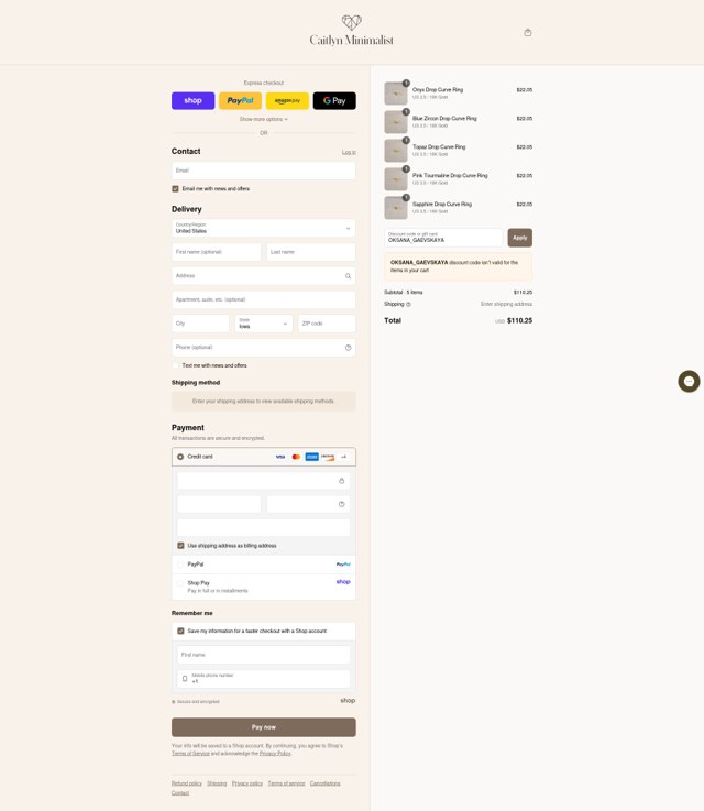 Caitlyn Minimalist checkout page showing Caitlyn Minimalist discount code box | Screenshot taken by SimplyCodes community member on Sep 1, 2025