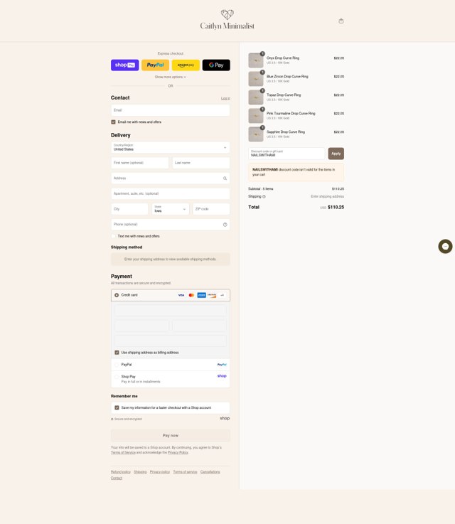 Caitlyn Minimalist checkout page showing Caitlyn Minimalist discount code box | Screenshot taken by SimplyCodes community member on Aug 28, 2025