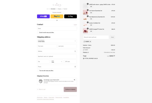 CAKES body checkout page showing CAKES body discount code box | Screenshot taken by SimplyCodes community member on Aug 28, 2025