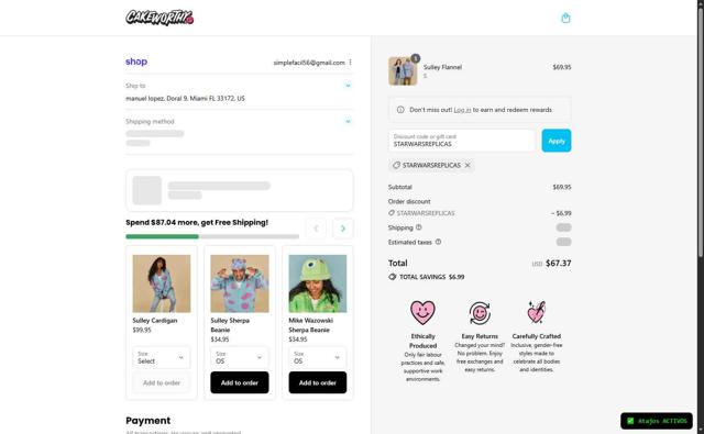 Cakeworthy checkout page showing Cakeworthy discount code box | Screenshot taken by SimplyCodes community member on Sep 12, 2025