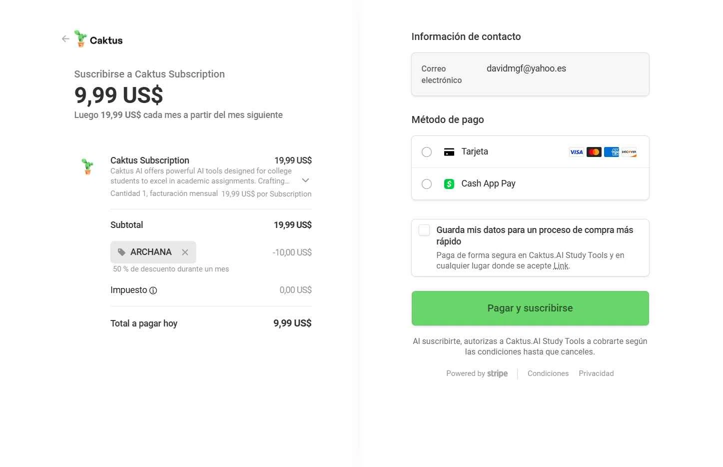 Caktus AI checkout page showing Caktus AI promo code box | Screenshot taken by SimplyCodes community member on Oct 7, 2025