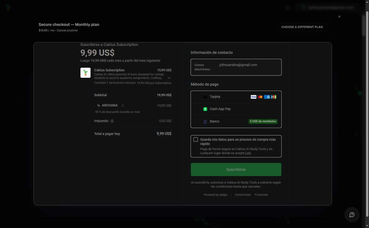 Caktus AI checkout page showing Caktus AI promo code box | Screenshot taken by SimplyCodes community member on Dec 4, 2025