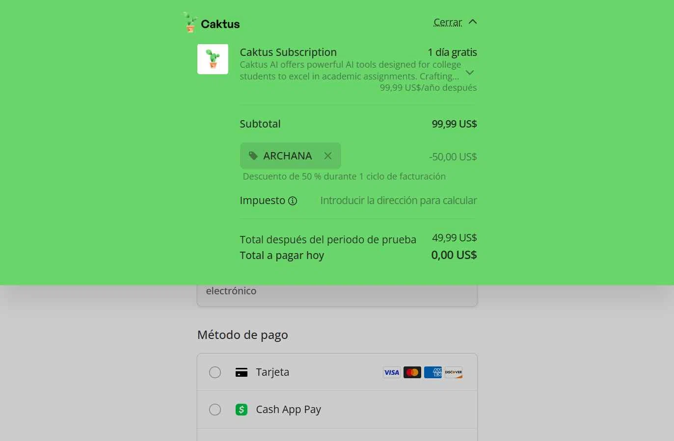 Caktus AI checkout page showing Caktus AI promo code box | Screenshot taken by SimplyCodes community member on Aug 10, 2025