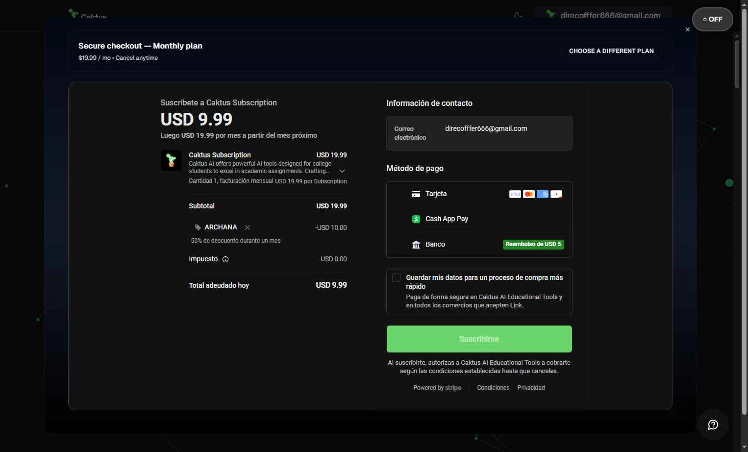 Caktus AI checkout page showing Caktus AI promo code box | Screenshot taken by SimplyCodes community member on Jan 2, 2026