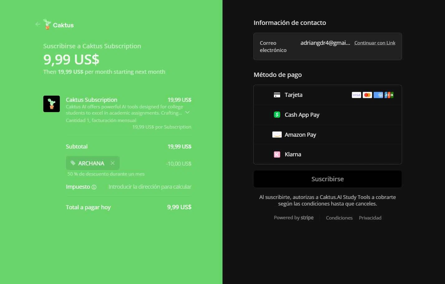 Caktus AI checkout page showing Caktus AI promo code box | Screenshot taken by SimplyCodes community member on Sep 8, 2025