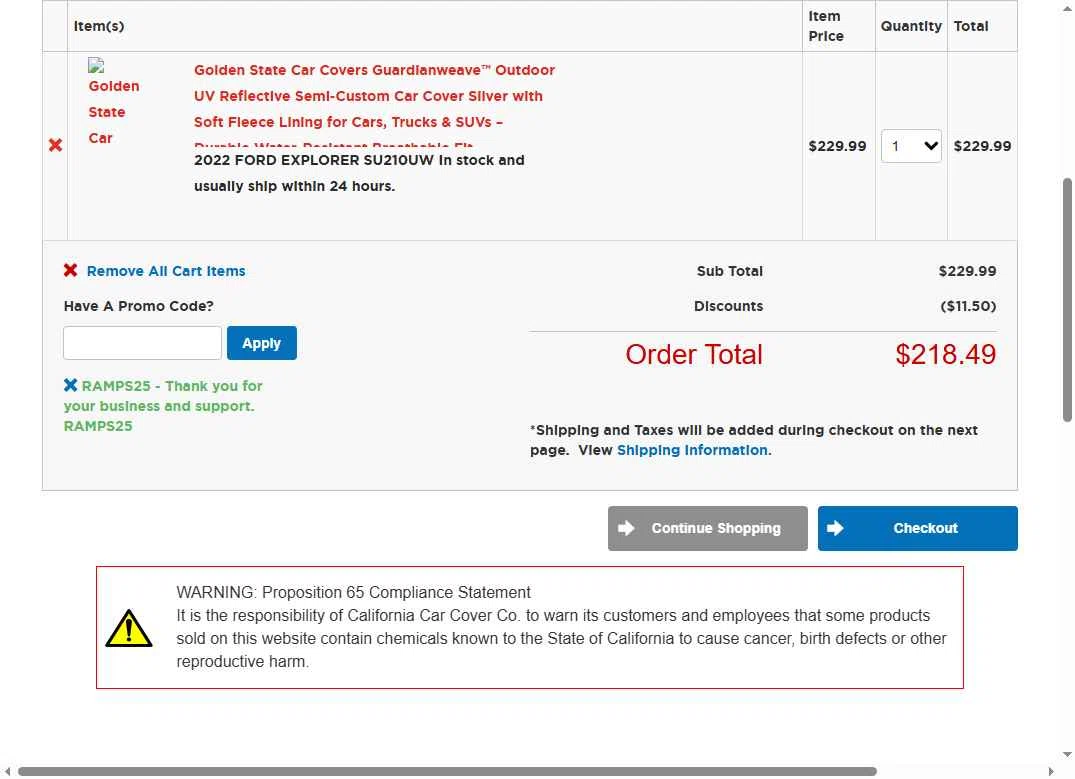California Car Cover Company checkout page showing California Car Cover Company promo code box | Screenshot taken by SimplyCodes community member on Dec 20, 2025