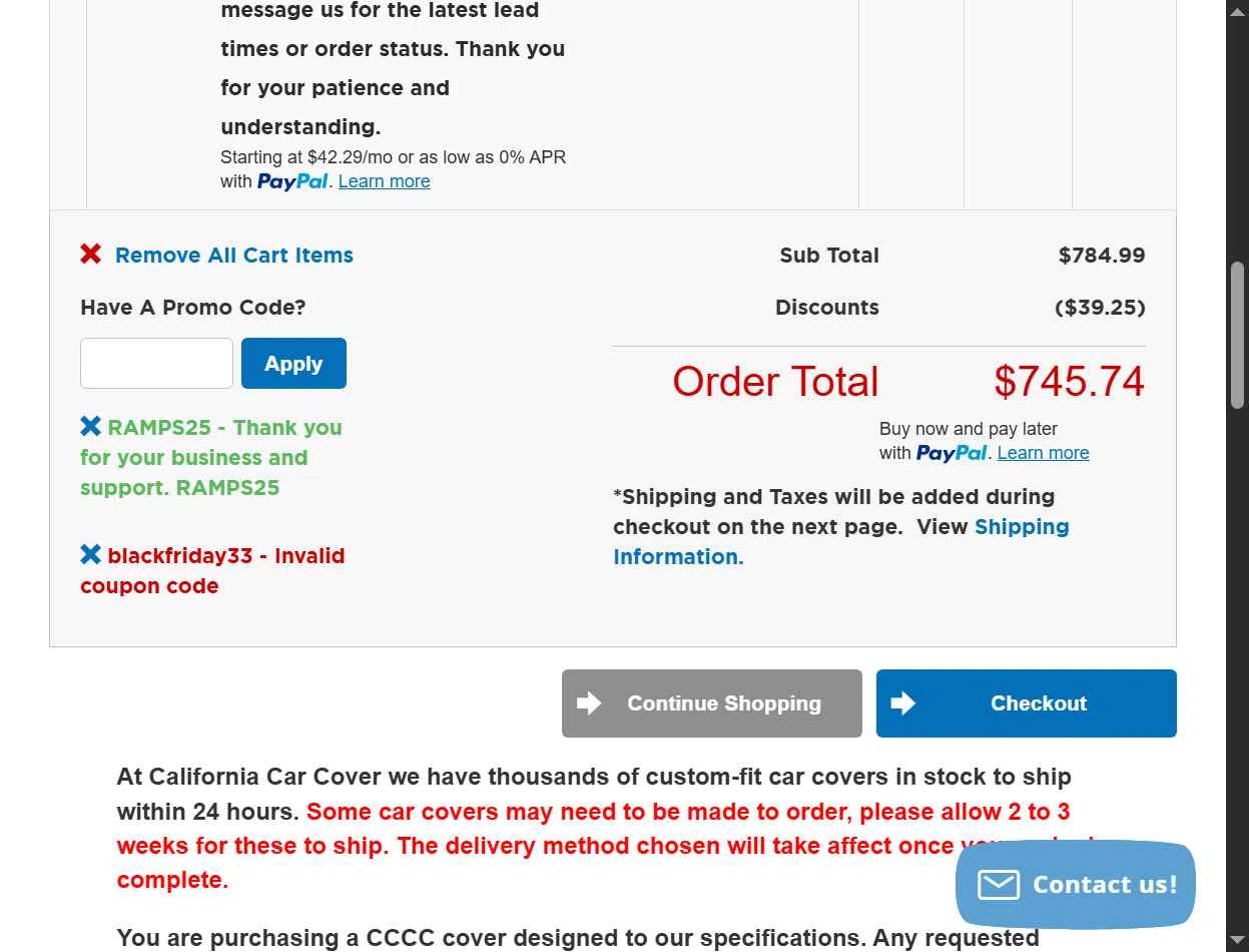 California Car Cover Company checkout page showing California Car Cover Company promo code box | Screenshot taken by SimplyCodes community member on Nov 21, 2025
