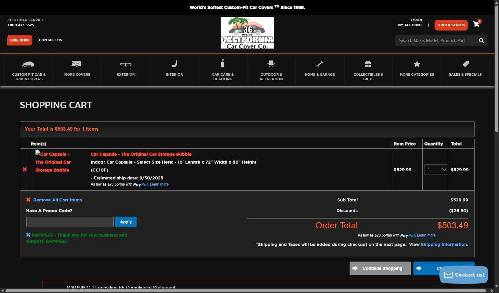 California Car Cover Company checkout page showing California Car Cover Company promo code box | Screenshot taken by SimplyCodes community member on Aug 26, 2025
