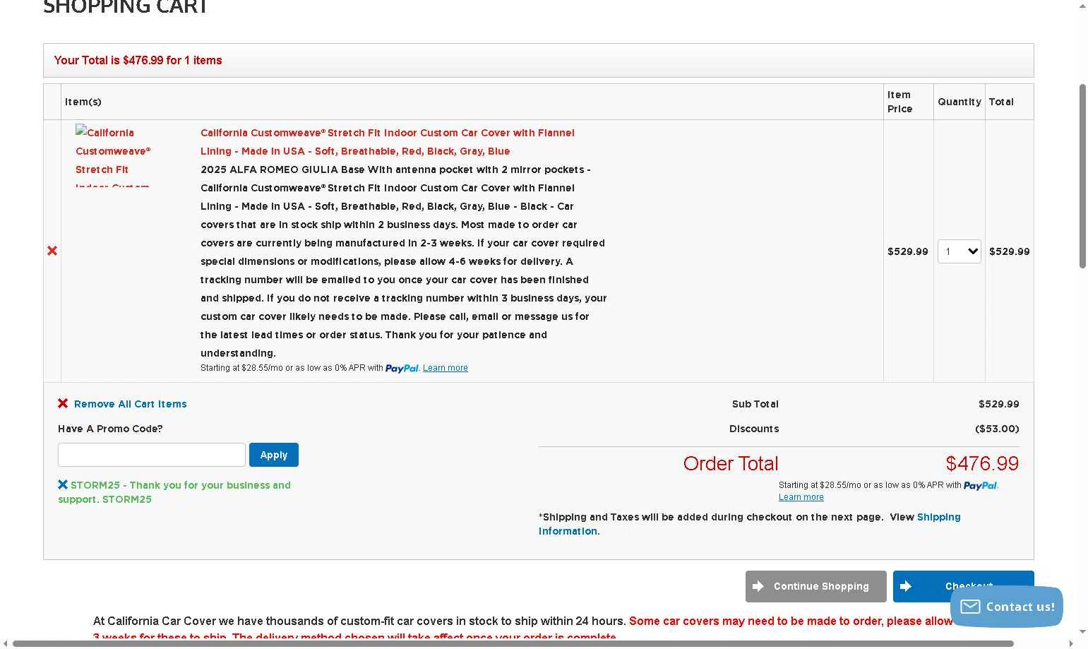 California Car Cover Company checkout page showing California Car Cover Company promo code box | Screenshot taken by SimplyCodes community member on Nov 29, 2025