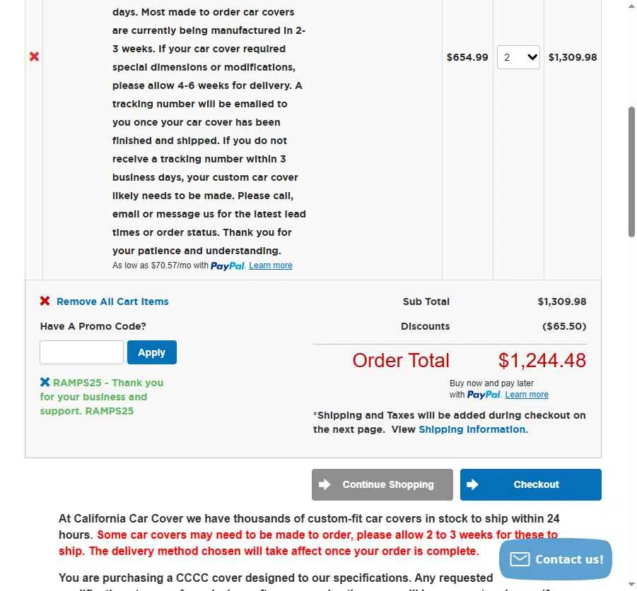 California Car Cover Company checkout page showing California Car Cover Company promo code box | Screenshot taken by SimplyCodes community member on Sep 24, 2025
