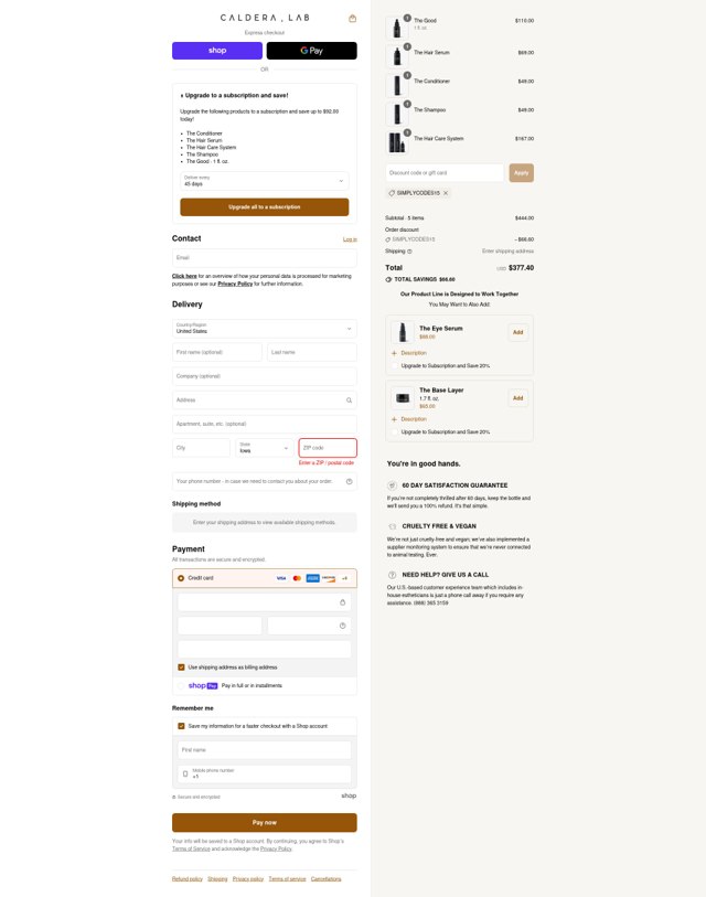 Caldera + Lab checkout page showing Caldera + Lab discount code box | Screenshot taken by SimplyCodes community member on Aug 12, 2025