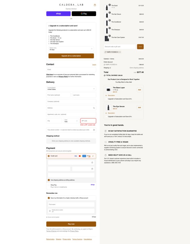 Caldera + Lab checkout page showing Caldera + Lab discount code box | Screenshot taken by SimplyCodes community member on Aug 29, 2025