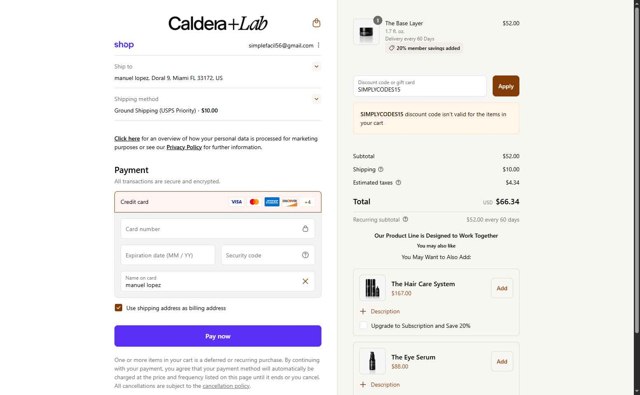 Caldera + Lab checkout page showing Caldera + Lab discount code box | Screenshot taken by SimplyCodes community member on Sep 4, 2025