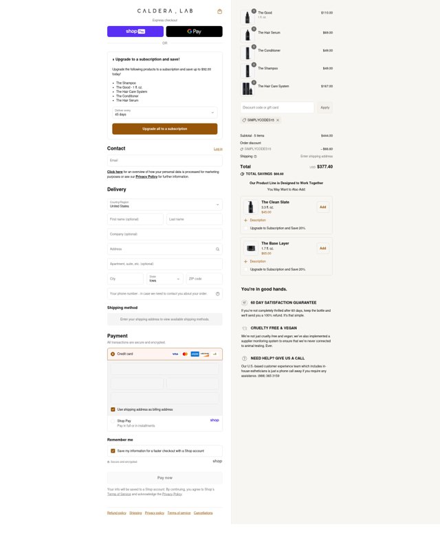 Caldera + Lab checkout page showing Caldera + Lab discount code box | Screenshot taken by SimplyCodes community member on Aug 26, 2025