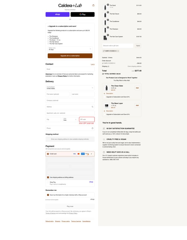 Caldera + Lab checkout page showing Caldera + Lab discount code box | Screenshot taken by SimplyCodes community member on Sep 6, 2025