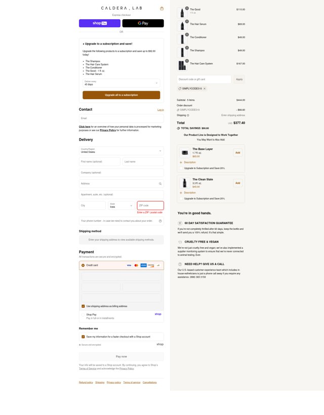 Caldera + Lab checkout page showing Caldera + Lab discount code box | Screenshot taken by SimplyCodes community member on Aug 17, 2025