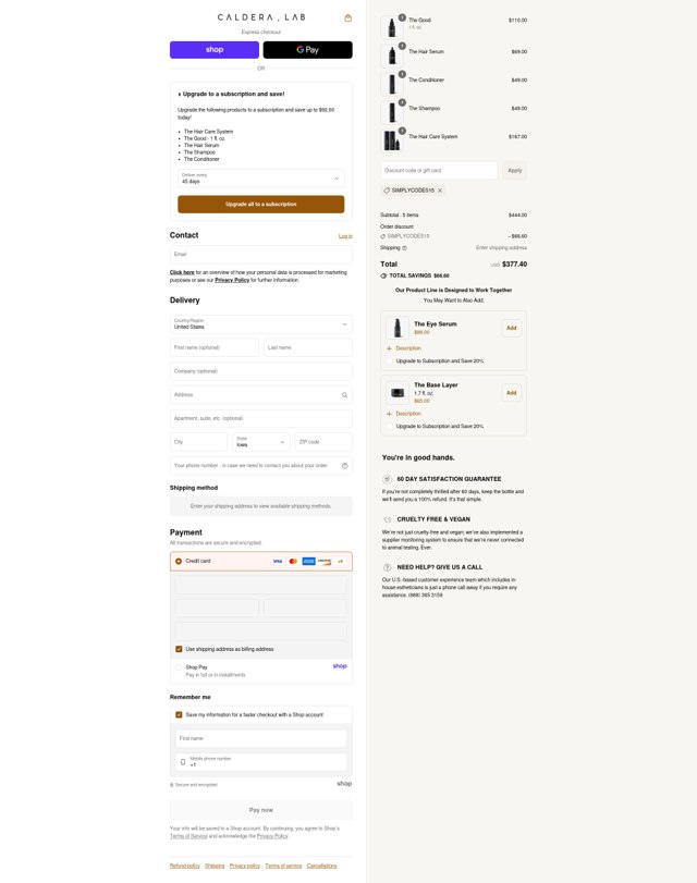 Caldera + Lab checkout page showing Caldera + Lab discount code box | Screenshot taken by SimplyCodes community member on Sep 2, 2025