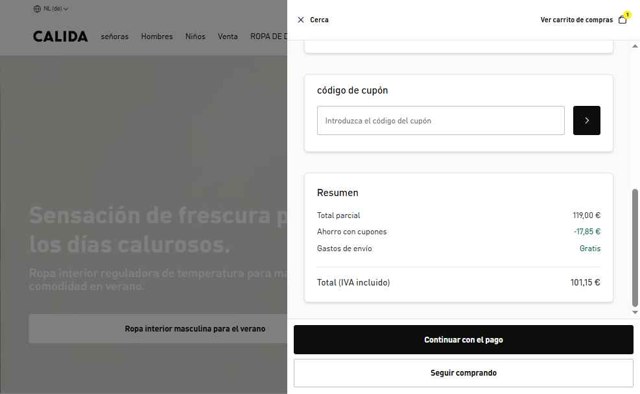 Calida checkout page showing Calida promo code box | Screenshot taken by SimplyCodes community member on Aug 28, 2025
