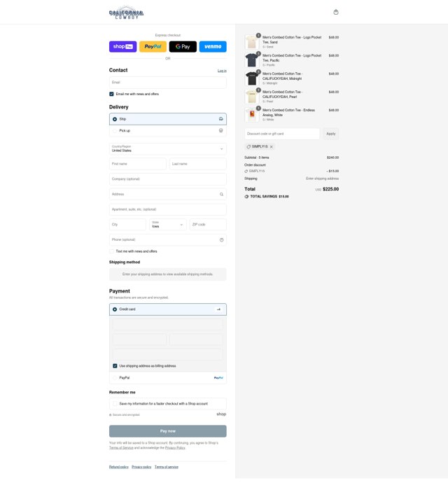 California Cowboy checkout page showing California Cowboy promo code box | Screenshot taken by SimplyCodes community member on Aug 26, 2025