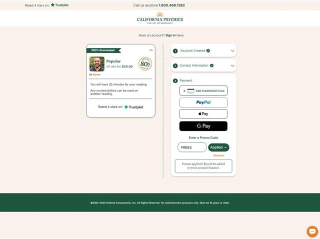 California Psychics checkout page showing California Psychics promo code box | Screenshot taken by SimplyCodes community member on Aug 26, 2025