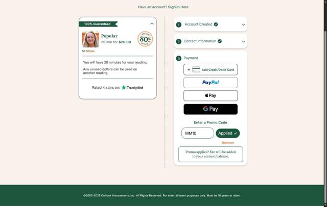 California Psychics checkout page showing California Psychics promo code box | Screenshot taken by SimplyCodes community member on Sep 3, 2025