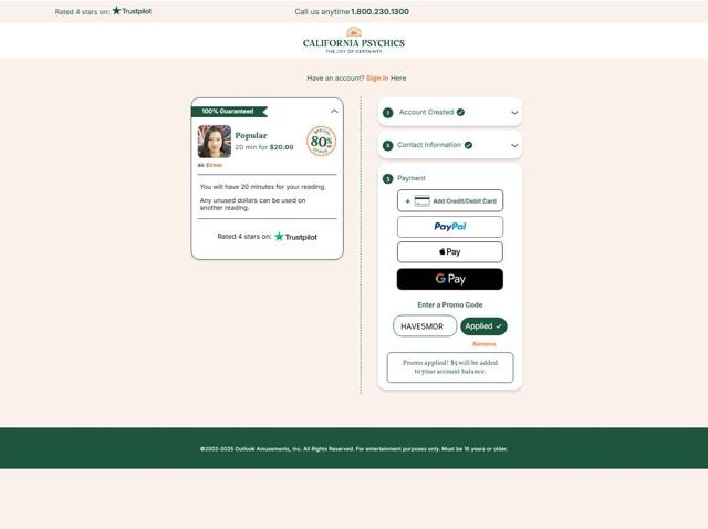 California Psychics checkout page showing California Psychics promo code box | Screenshot taken by SimplyCodes community member on Aug 26, 2025
