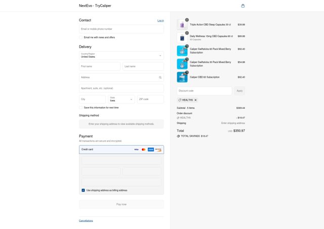 Caliper CBD checkout page showing Caliper CBD discount code box | Screenshot taken by SimplyCodes community member on Aug 31, 2025