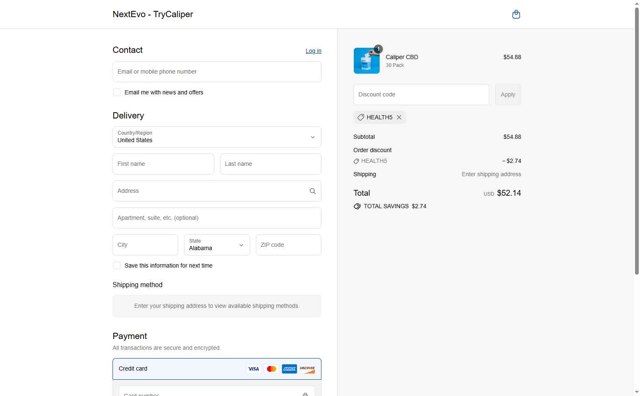 Caliper CBD checkout page showing Caliper CBD discount code box | Screenshot taken by SimplyCodes community member on Sep 4, 2025