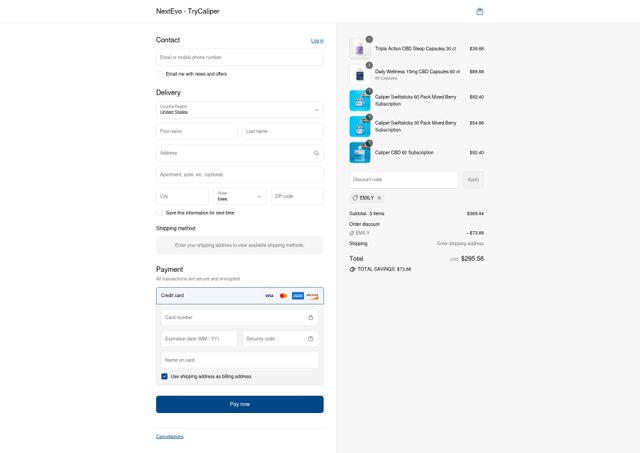 Caliper CBD checkout page showing Caliper CBD discount code box | Screenshot taken by SimplyCodes community member on Aug 31, 2025