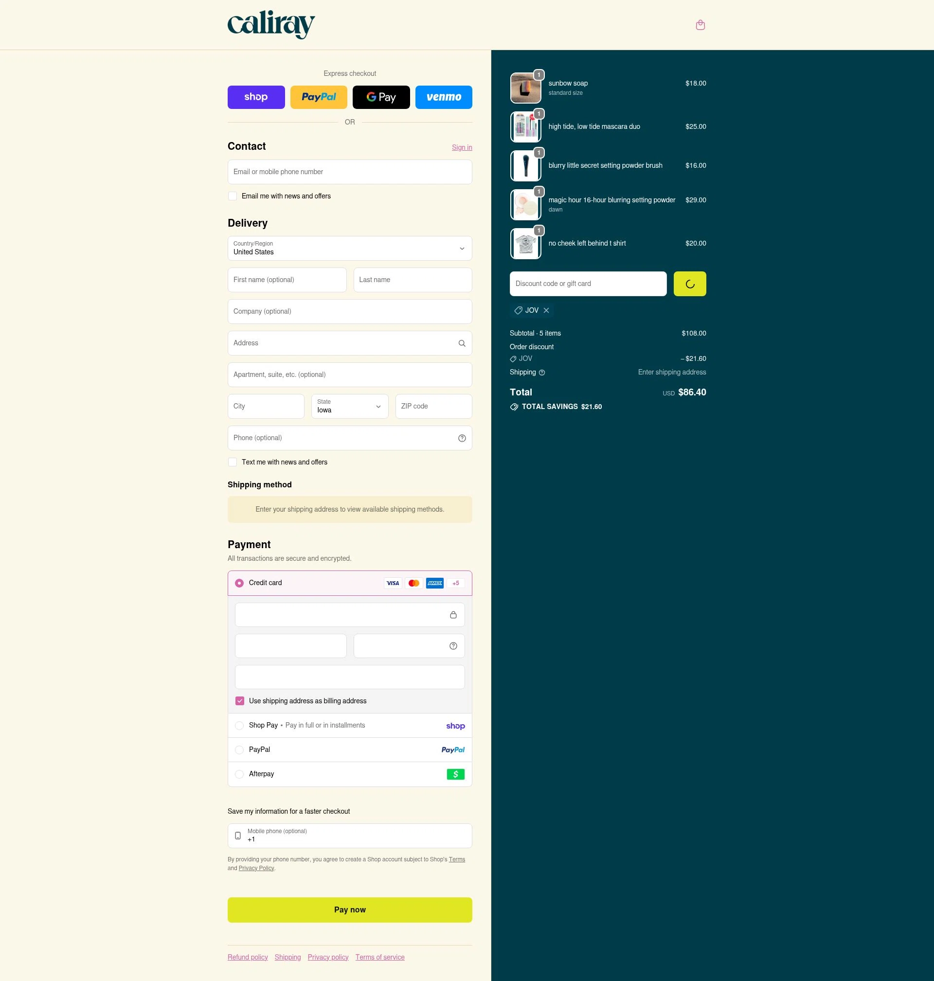 caliray checkout page showing caliray discount code box | Screenshot taken by SimplyCodes community member on Feb 4, 2026