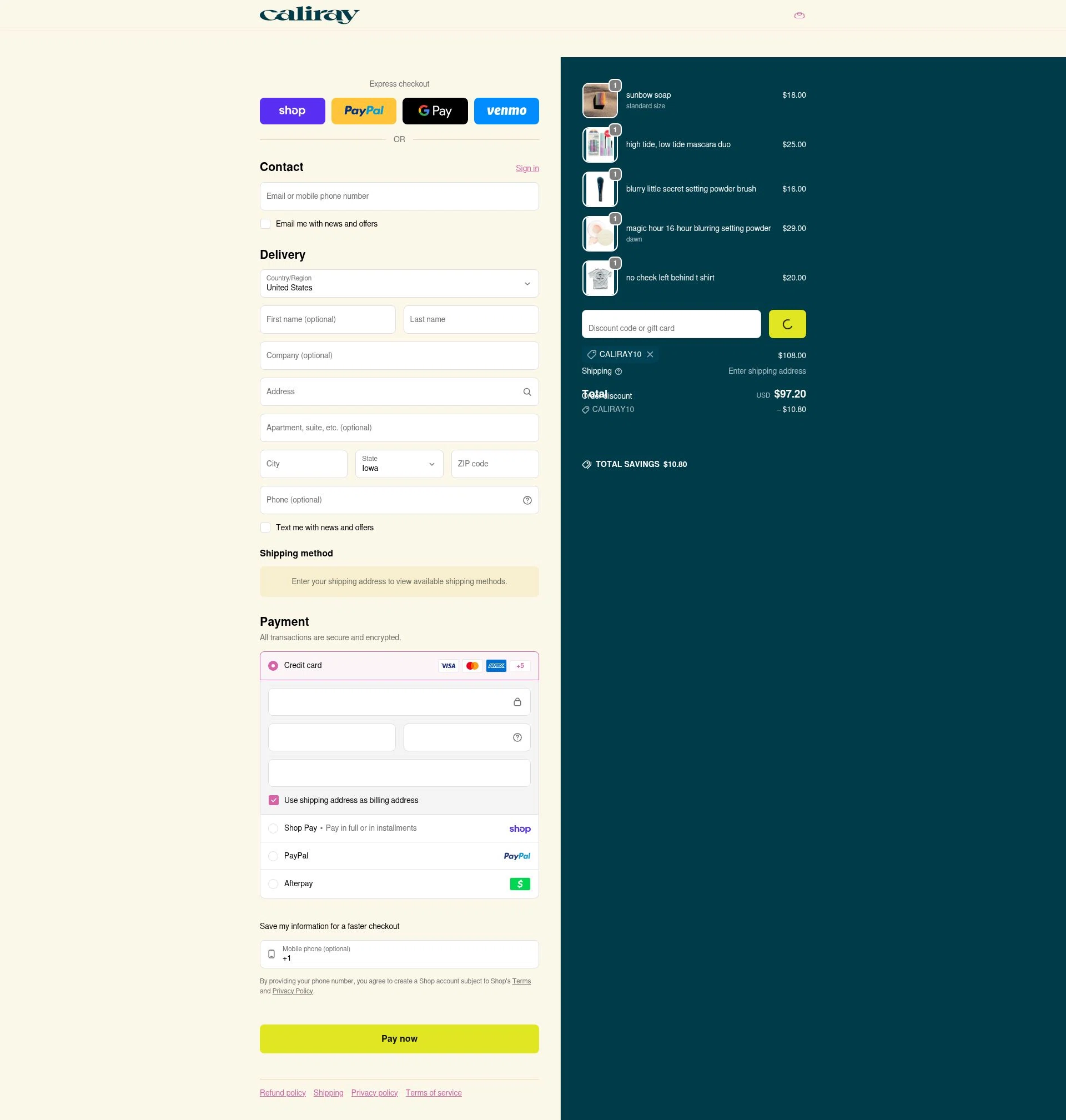 caliray checkout page showing caliray discount code box | Screenshot taken by SimplyCodes community member on Jan 31, 2026