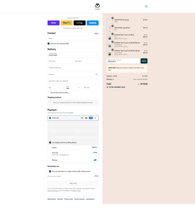 Calista Tools checkout page showing Calista Tools discount code box | Screenshot taken by SimplyCodes community member on Sep 10, 2025