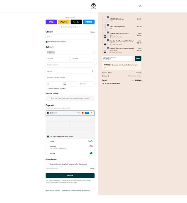 Calista Tools checkout page showing Calista Tools discount code box | Screenshot taken by SimplyCodes community member on Sep 10, 2025
