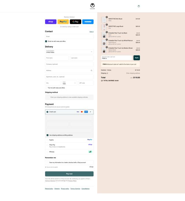 Calista Tools checkout page showing Calista Tools discount code box | Screenshot taken by SimplyCodes community member on Sep 10, 2025