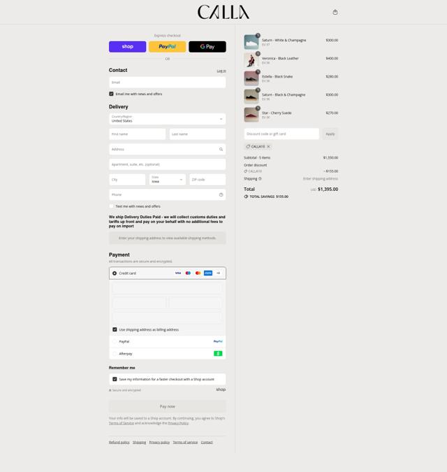 Calla Shoes US checkout page showing Calla Shoes US promo code box | Screenshot taken by SimplyCodes community member on Sep 8, 2025