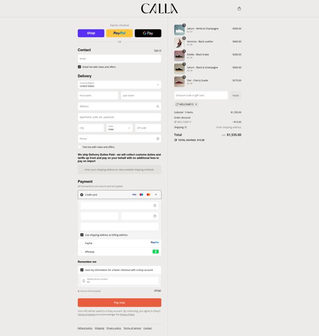 Calla Shoes US checkout page showing Calla Shoes US promo code box | Screenshot taken by SimplyCodes community member on Sep 12, 2025