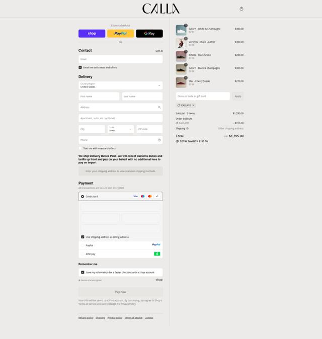 Calla Shoes US checkout page showing Calla Shoes US promo code box | Screenshot taken by SimplyCodes community member on Sep 12, 2025
