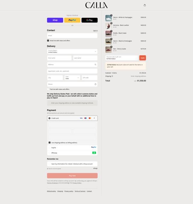 Calla Shoes US checkout page showing Calla Shoes US promo code box | Screenshot taken by SimplyCodes community member on Sep 12, 2025