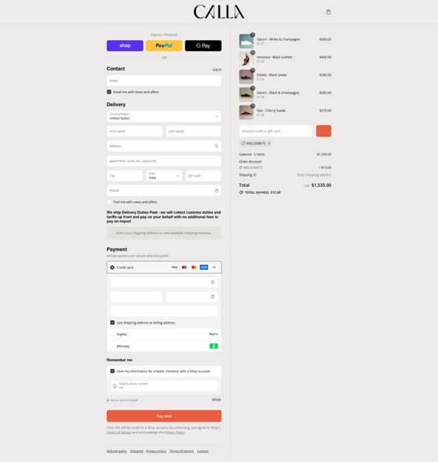 Calla Shoes US checkout page showing Calla Shoes US promo code box | Screenshot taken by SimplyCodes community member on Sep 8, 2025