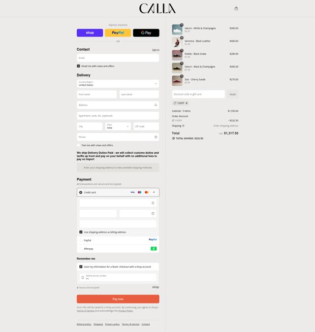 Calla Shoes US checkout page showing Calla Shoes US promo code box | Screenshot taken by SimplyCodes community member on Sep 12, 2025