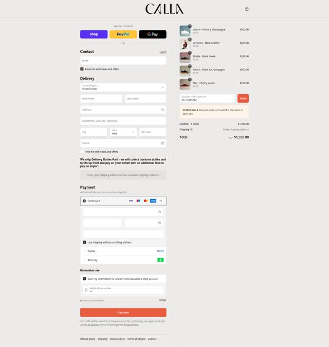 Calla Shoes US checkout page showing Calla Shoes US promo code box | Screenshot taken by SimplyCodes community member on Sep 8, 2025