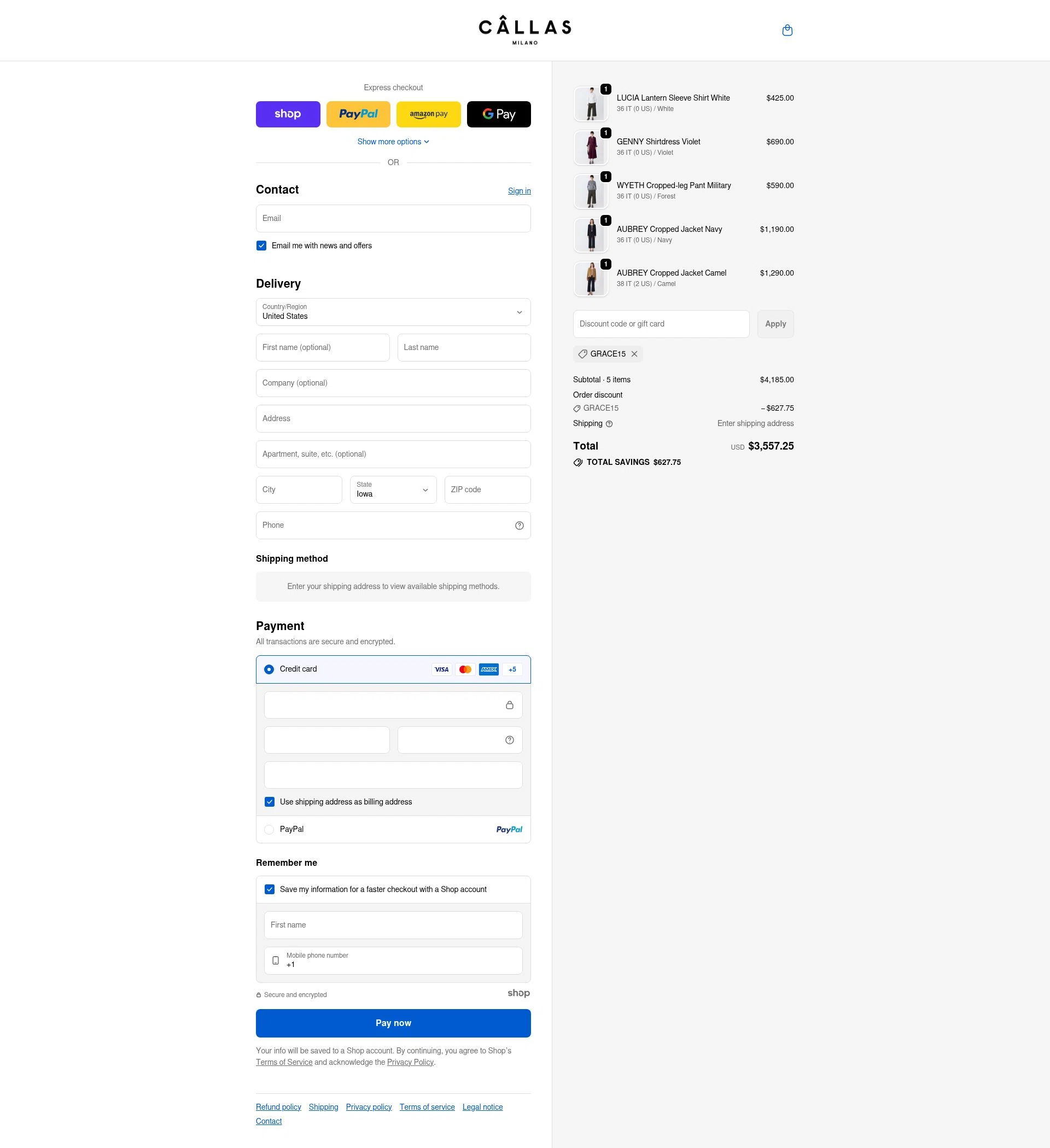 Callas Milano checkout page showing Callas Milano promo code box | Screenshot taken by SimplyCodes community member on Dec 6, 2025