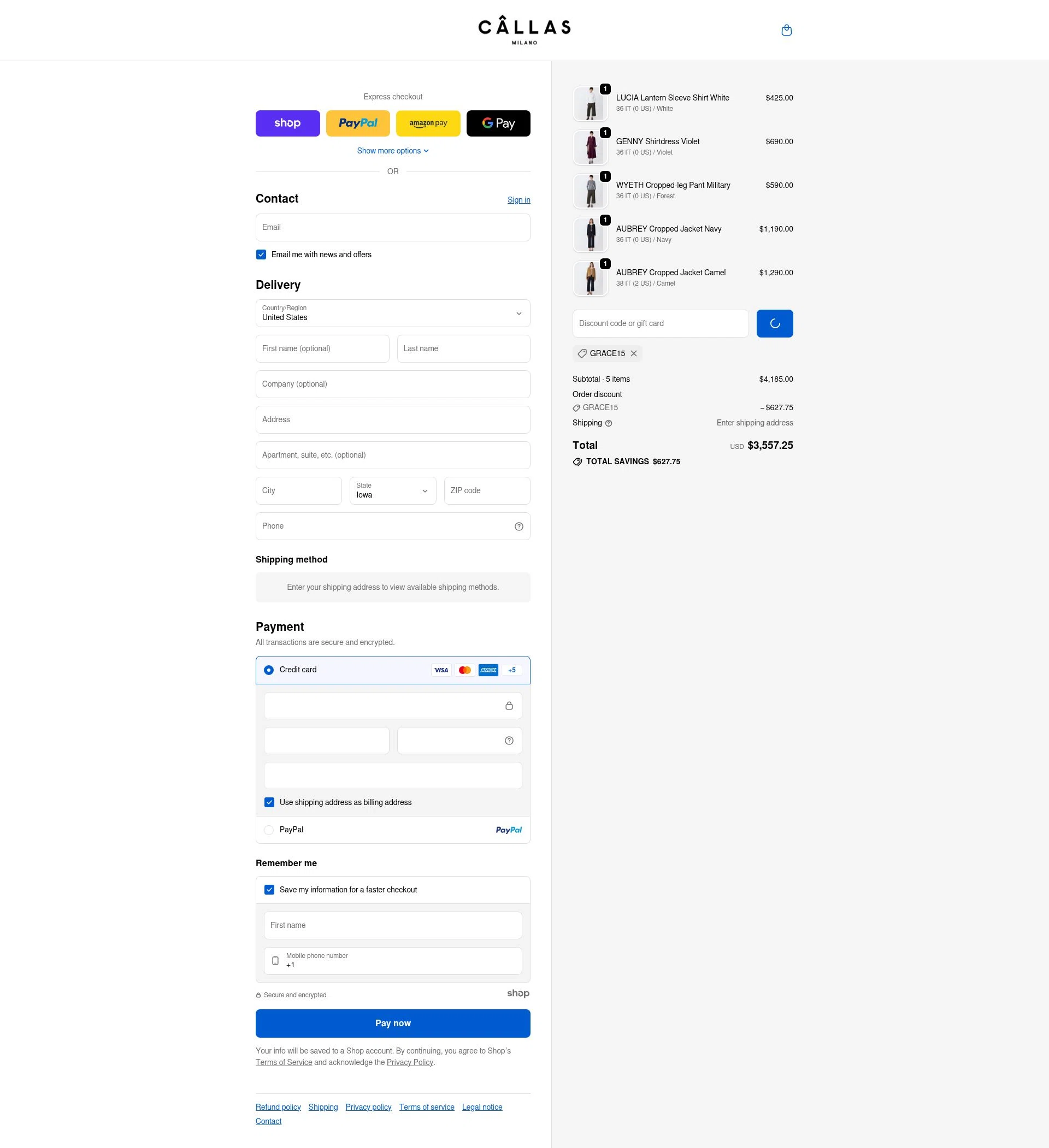 Callas Milano checkout page showing Callas Milano promo code box | Screenshot taken by SimplyCodes community member on Dec 18, 2025