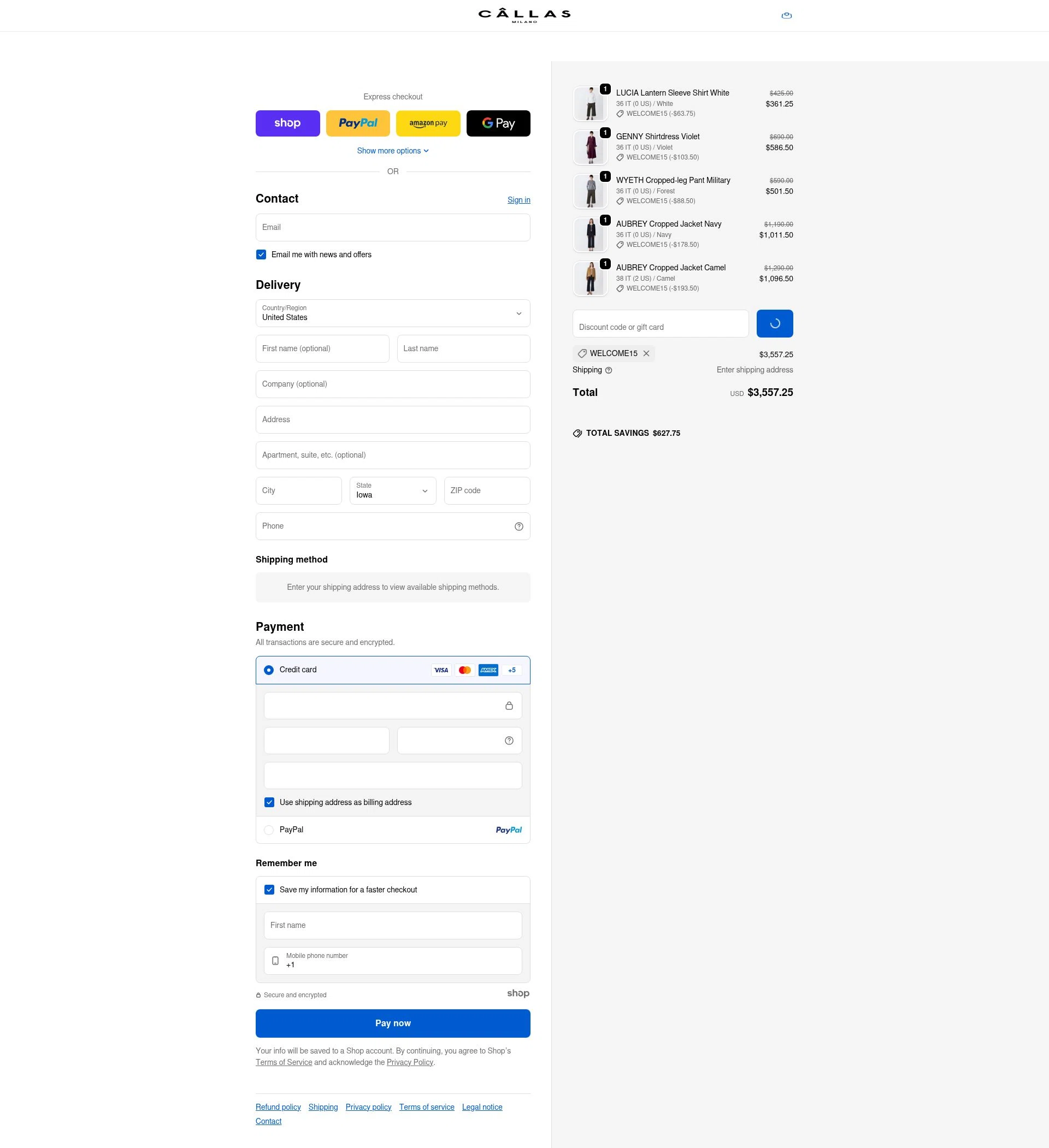 Callas Milano checkout page showing Callas Milano promo code box | Screenshot taken by SimplyCodes community member on Dec 24, 2025