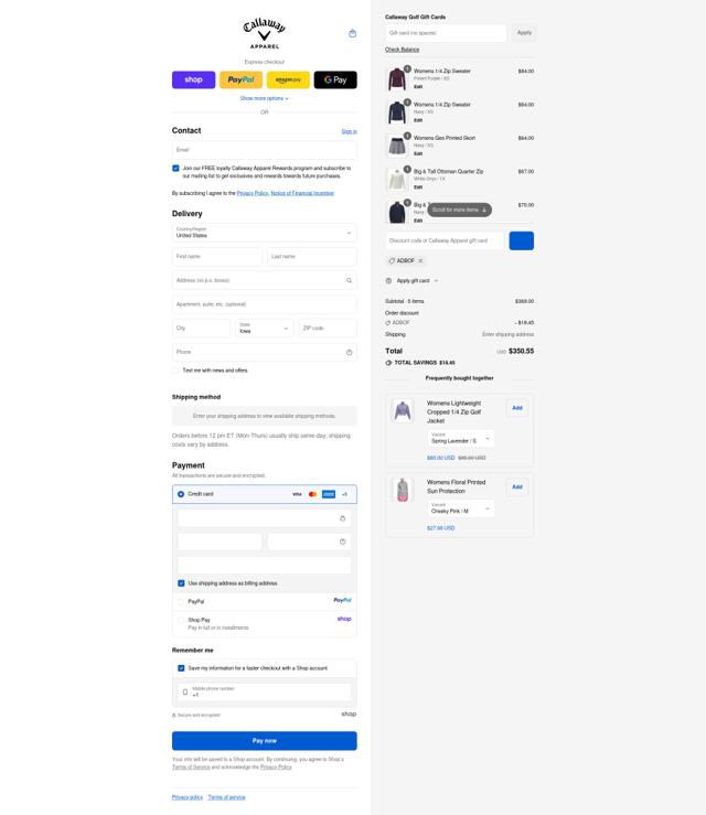 Callaway Apparel checkout page showing Callaway Apparel discount code box | Screenshot taken by SimplyCodes community member on Sep 12, 2025