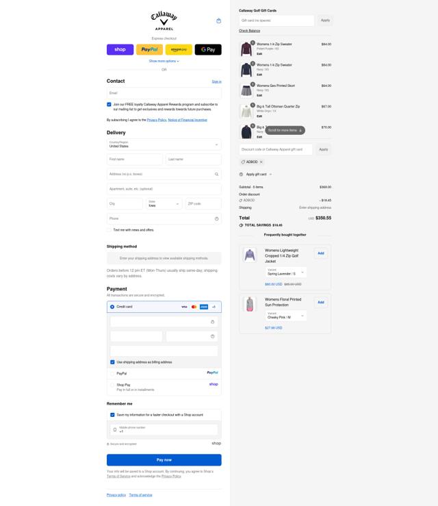 Callaway Apparel checkout page showing Callaway Apparel discount code box | Screenshot taken by SimplyCodes community member on Sep 12, 2025